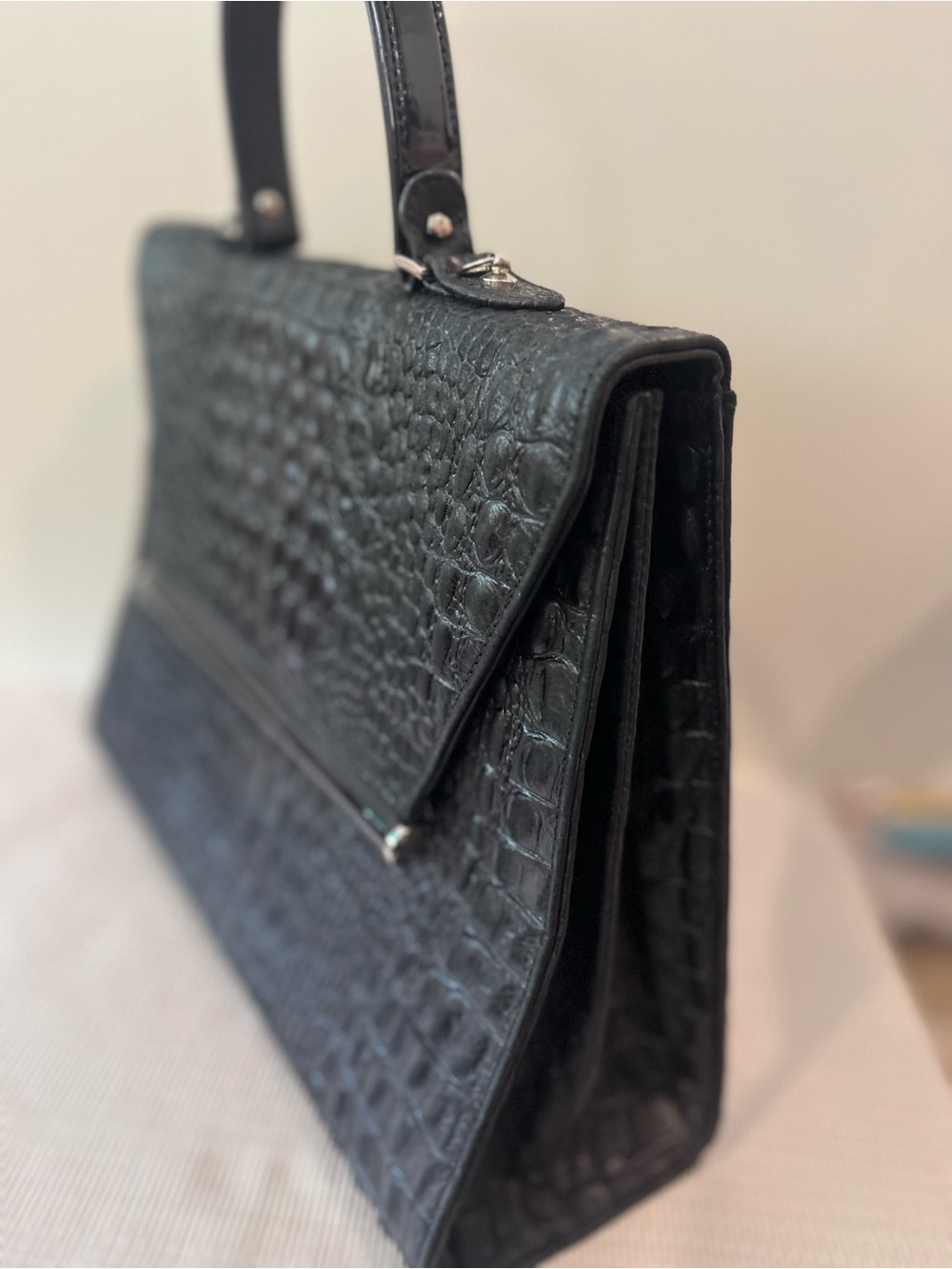 Black Croc-Texture Top Handle Shoulder Bag - Picture 5 of 16